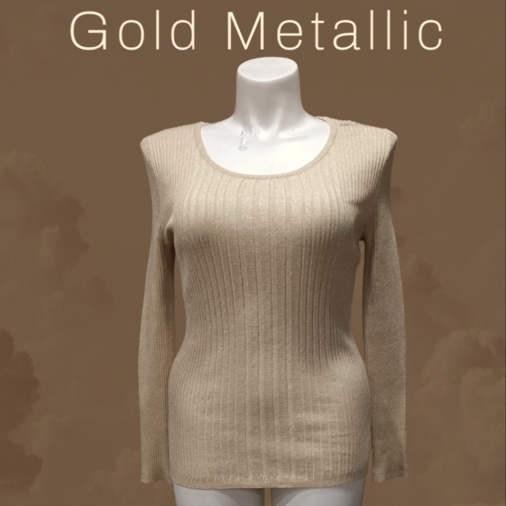EUC 212 Collection Gold Metallic Ribbed Long Sleeve Sweater Women's Large